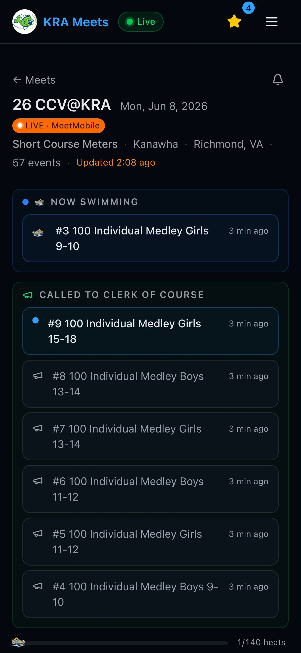 Live heat sheet showing now swimming and called-to-clerk sections